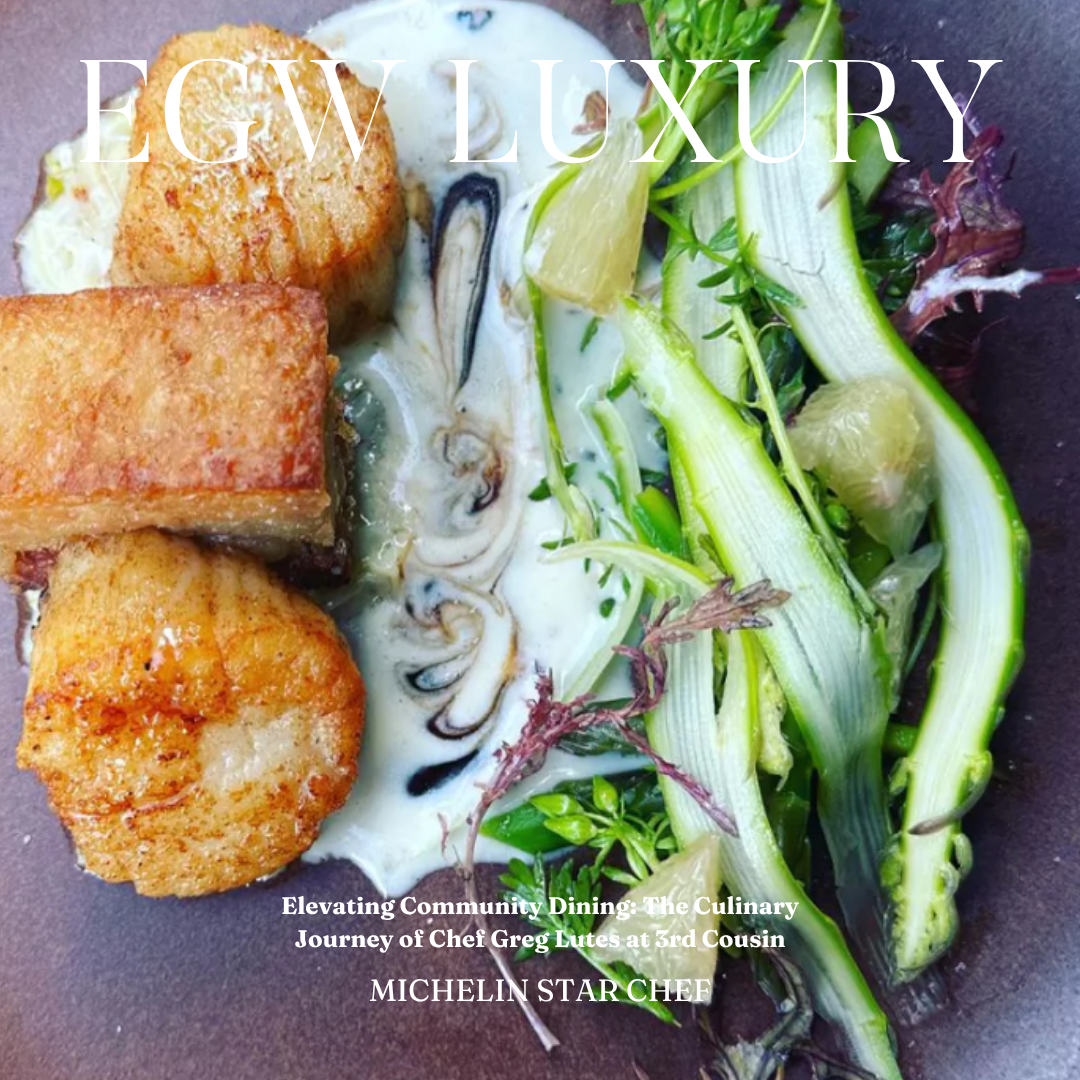 Cover of EGV Luxury magazine featuring a gourmet dish with three golden-brown croquettes, a creamy white sauce with mussels, and fresh green vegetables, with the title and subtitle about culinary journeys by Chef Greg Lutes.
