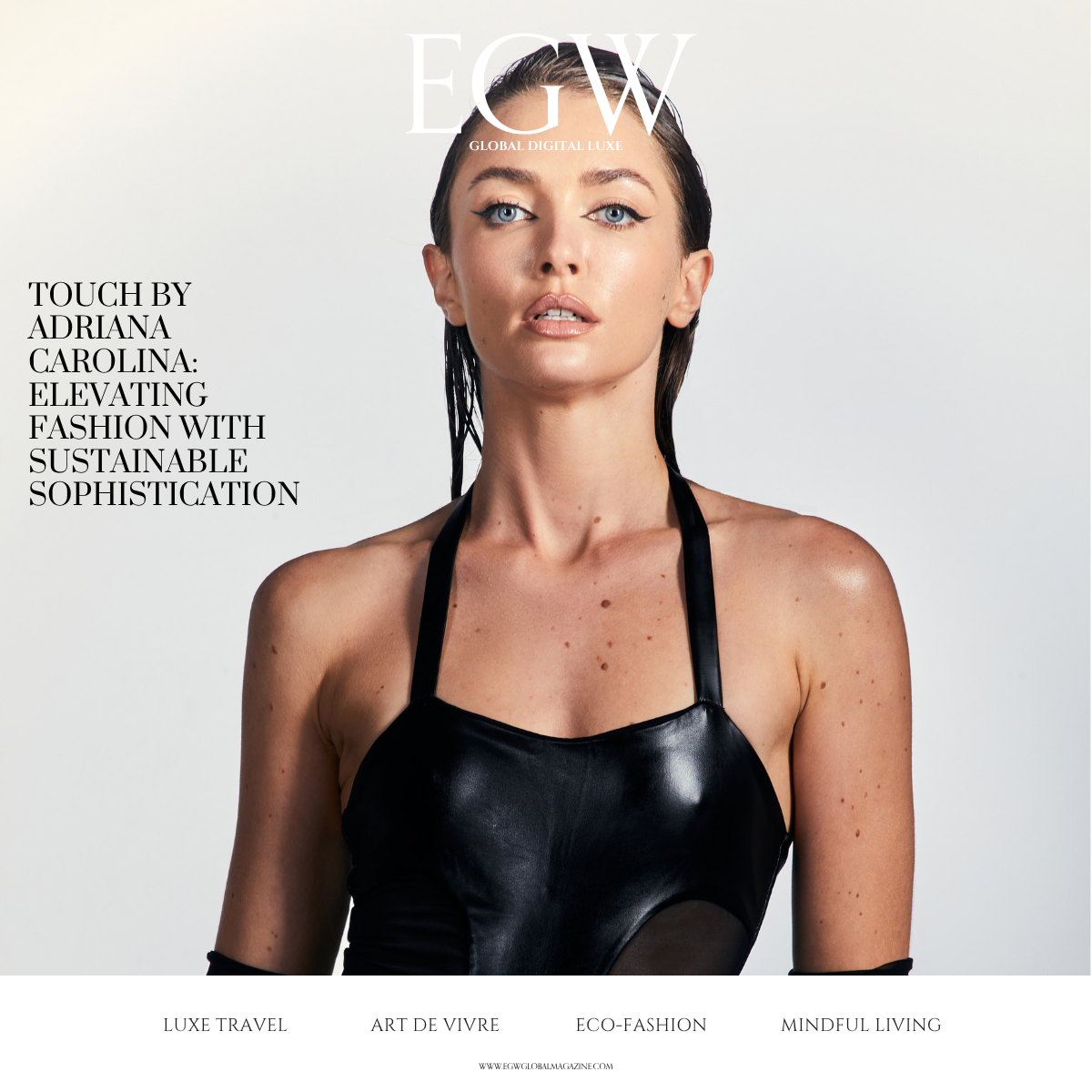 Cover of ECW magazine featuring a woman with wet dark hair and blue eyes wearing a black leather top against a plain background.