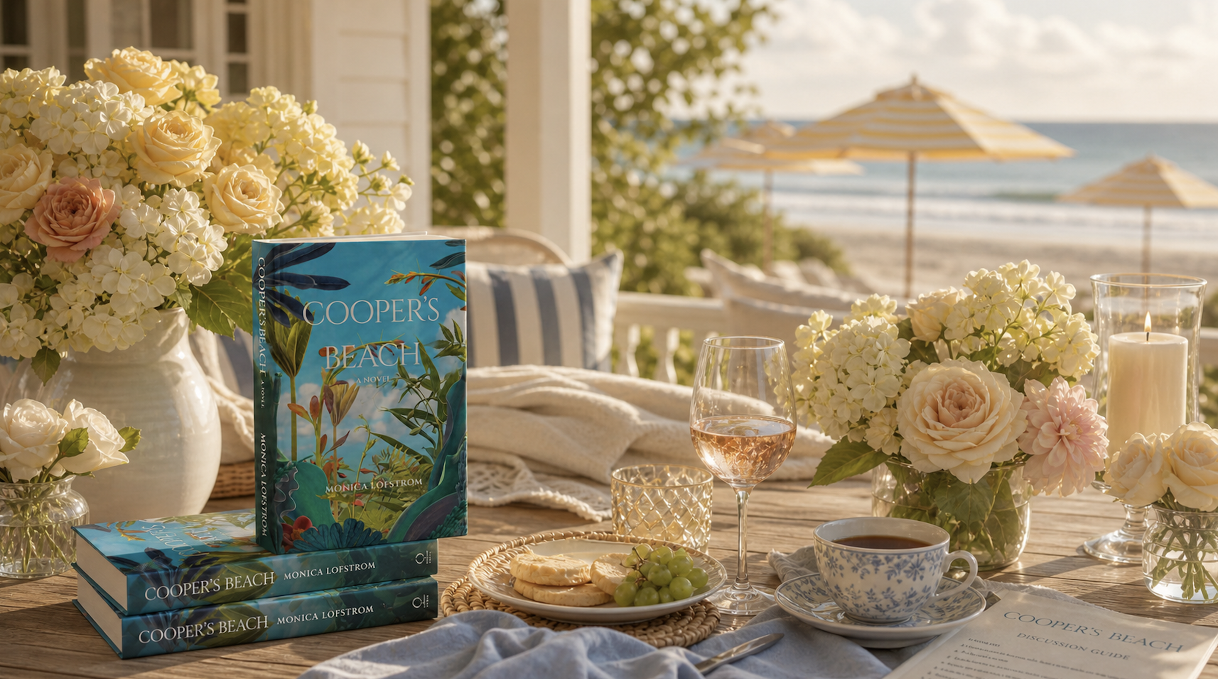 A table set for a seaside outdoor gathering with white and blush flowers, a book titled "Cooper's Beach" by Monica Lofstrom, glasses of rosé wine, a candle, a teacup, cookies, and grapes, with a view of the beach and umbrellas in the background.