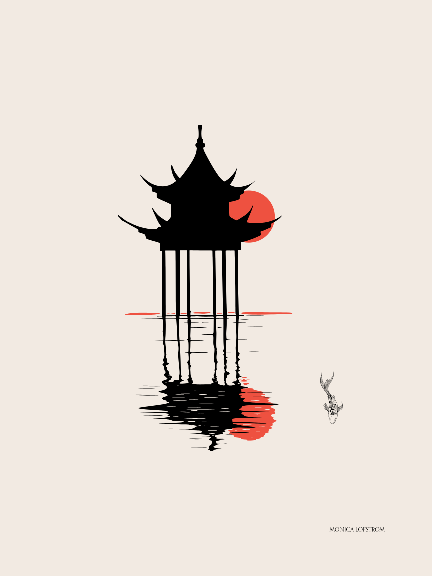 Silhouette of a traditional Asian pagoda reflected in calm water with a red sun behind it; a small fish is visible in the water near the bottom right corner.