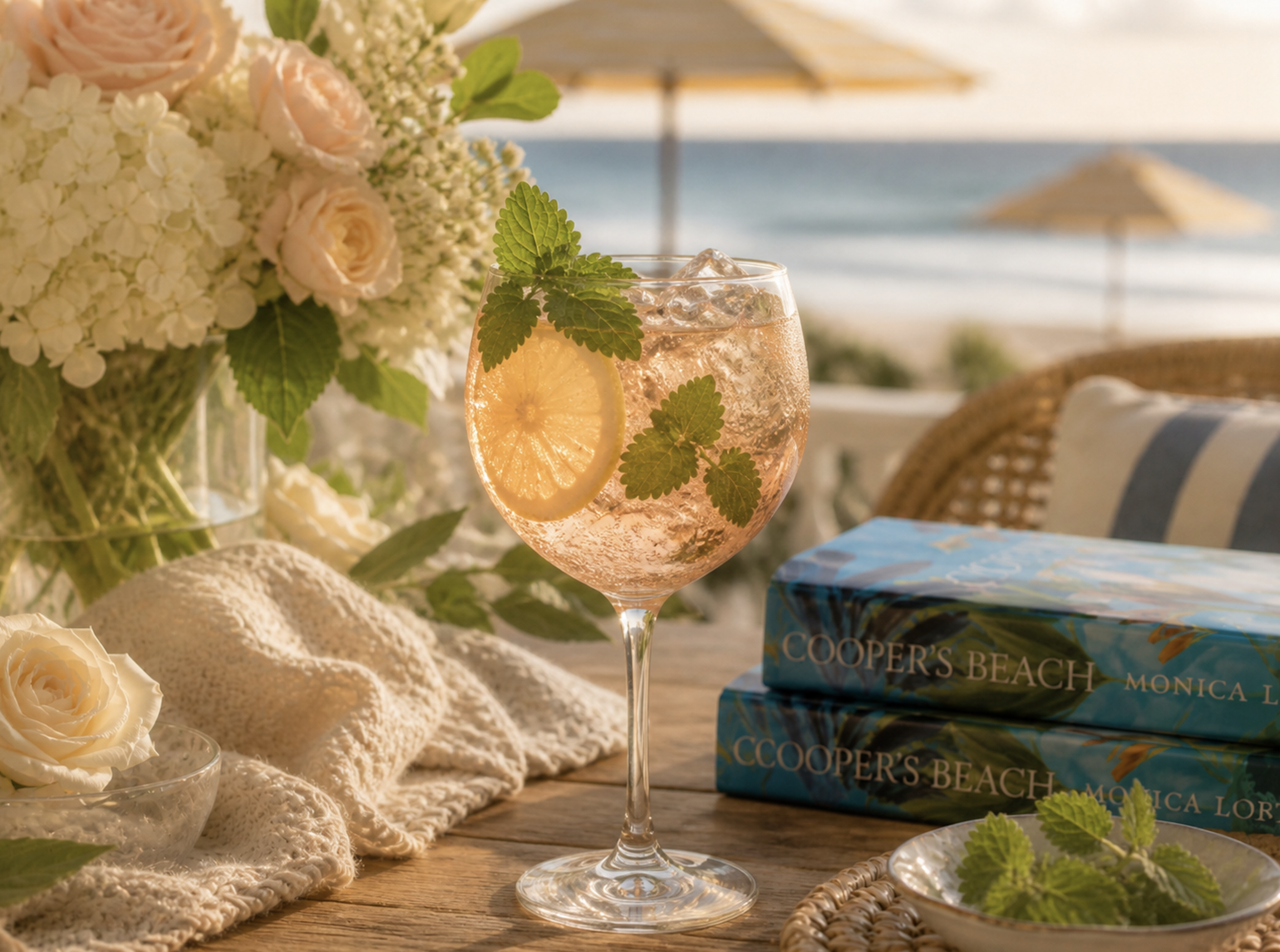 A glass of pink cocktail with ice, lemon slice, and mint leaves on a beachside table. In the background, there are flowers, rolled towels, a book titled 'Cooper's Beach,' and open umbrellas with the ocean visible.