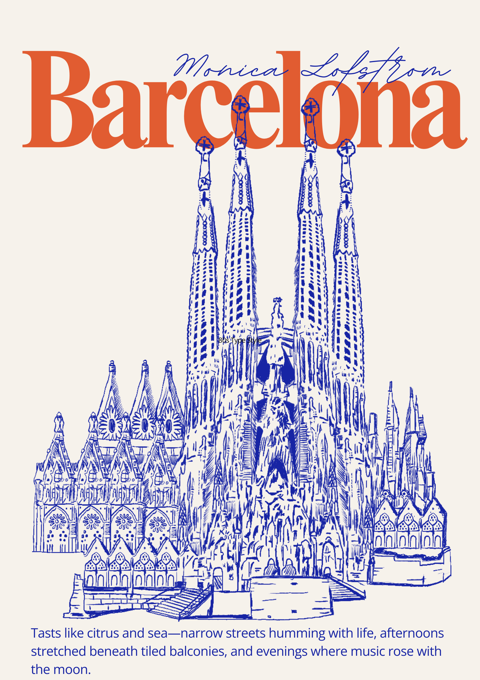 Drawing of the Sagrada Familia in Barcelona with a quote about the city, mentioning citrus, sea, narrow streets, and evening music.