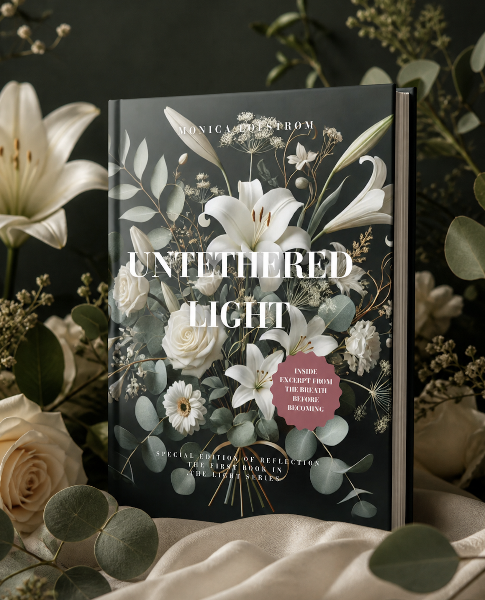 A book titled 'Untethered Light' by Monica LoFstrom is surrounded by white lilies and green foliage, placed on a soft beige fabric surface.