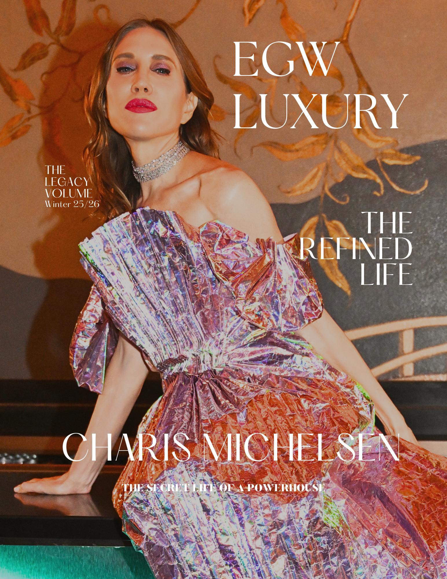 A woman with long brown hair wearing red lipstick and sparkly makeup, dressed in an iridescent, metallic-looking outfit, posing against a warm-toned background with leaf or flame-like patterns, holding her hand on a surface, with text overlay about a