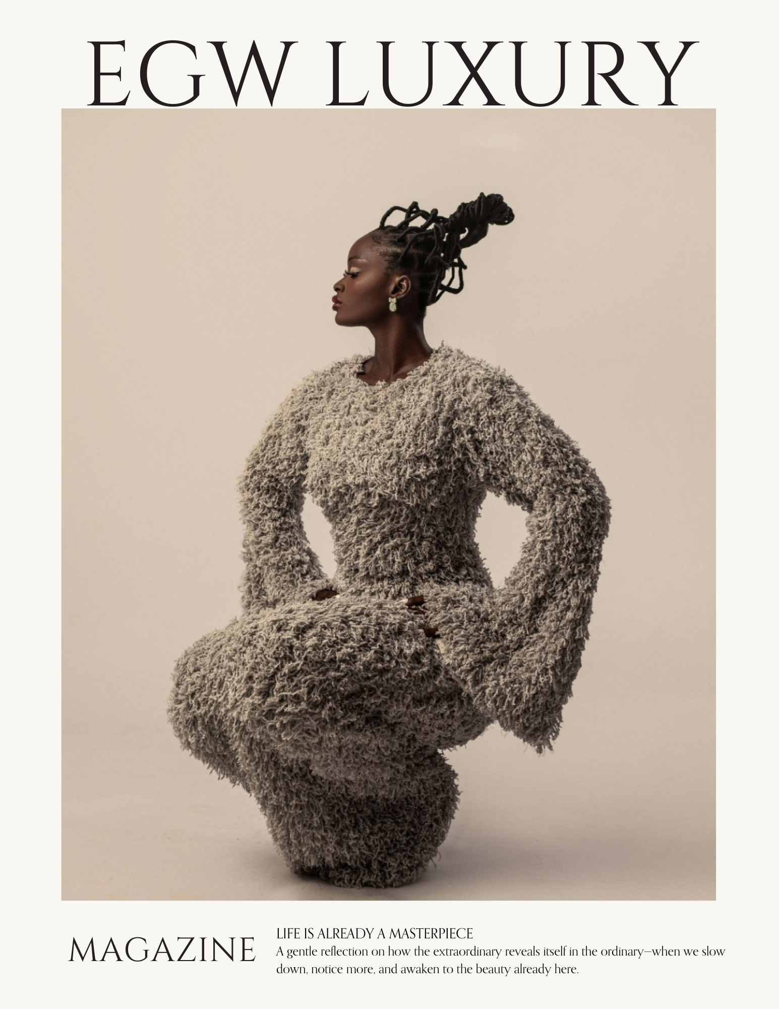 A woman with dark skin and styled dreadlocks dressed in a fuzzy beige sweater, posed in profile against a neutral background, on the cover of a magazine titled 'EGW Luxury'.