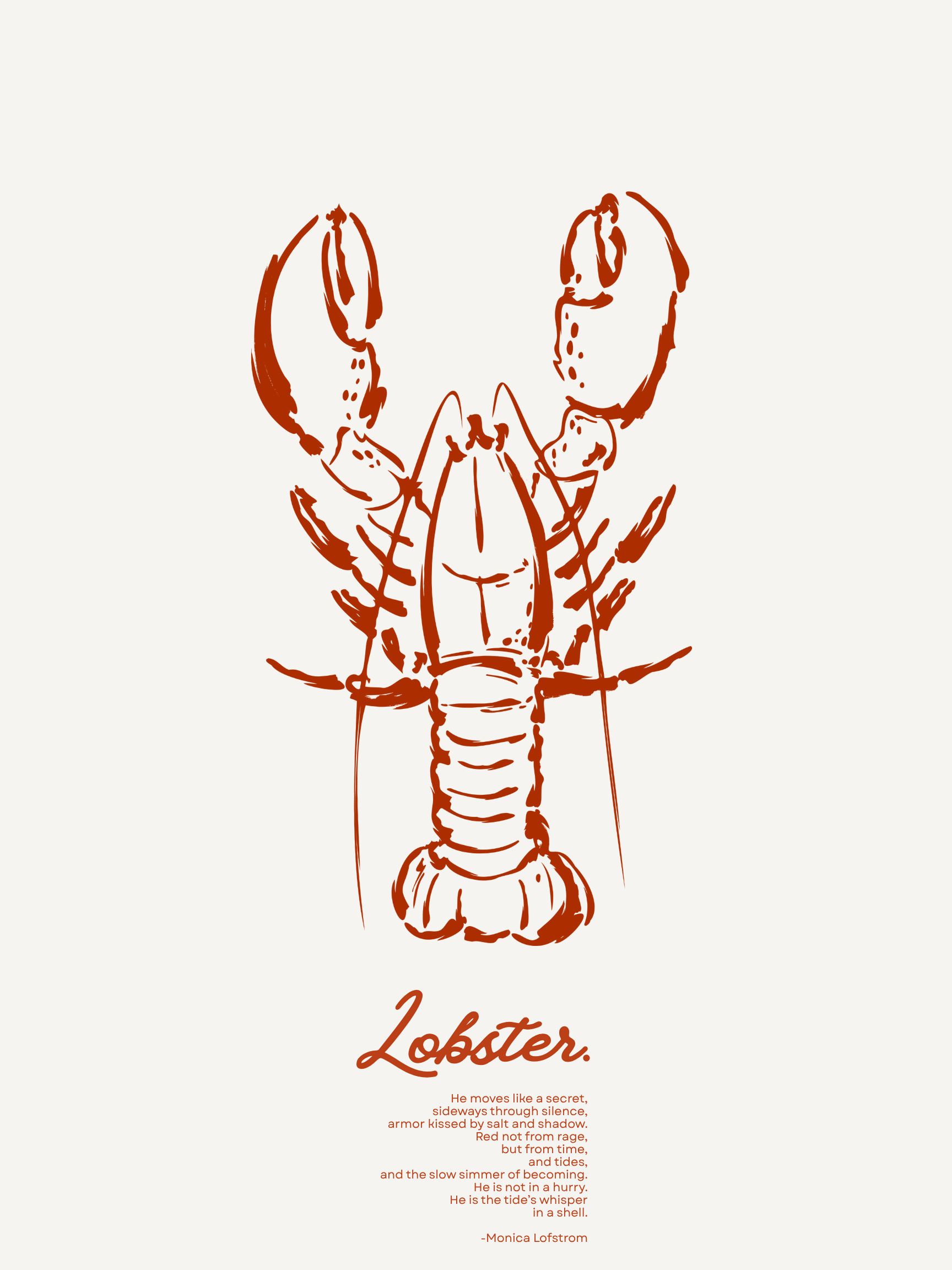 A minimalist illustration of a lobster in a line art style, with the word 'Lobster' written underneath in a cursive font, and a poem about lobsters written below.