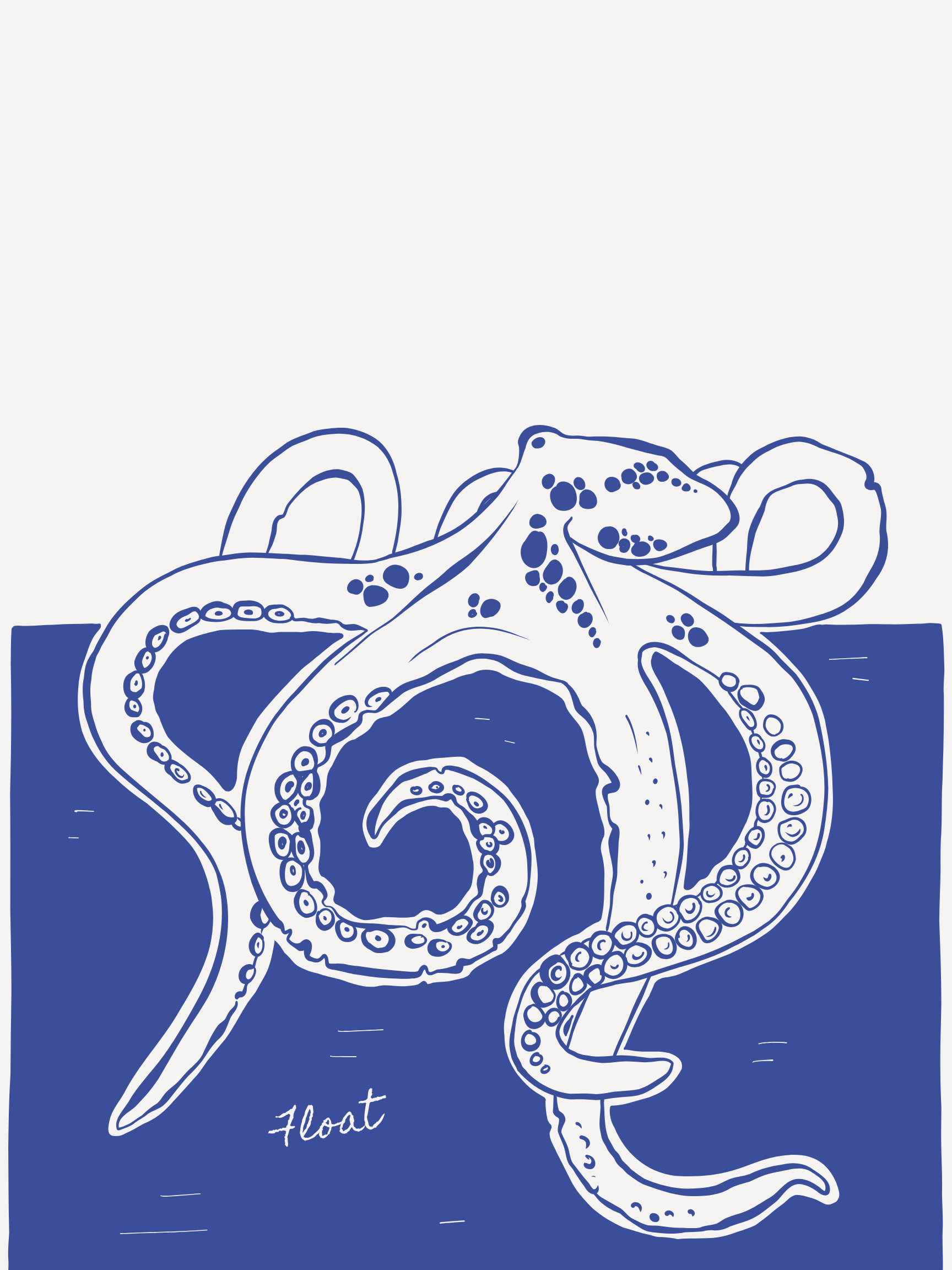 Line drawing of an octopus in white outlines on a dark blue background, with the word 'float' written underneath.