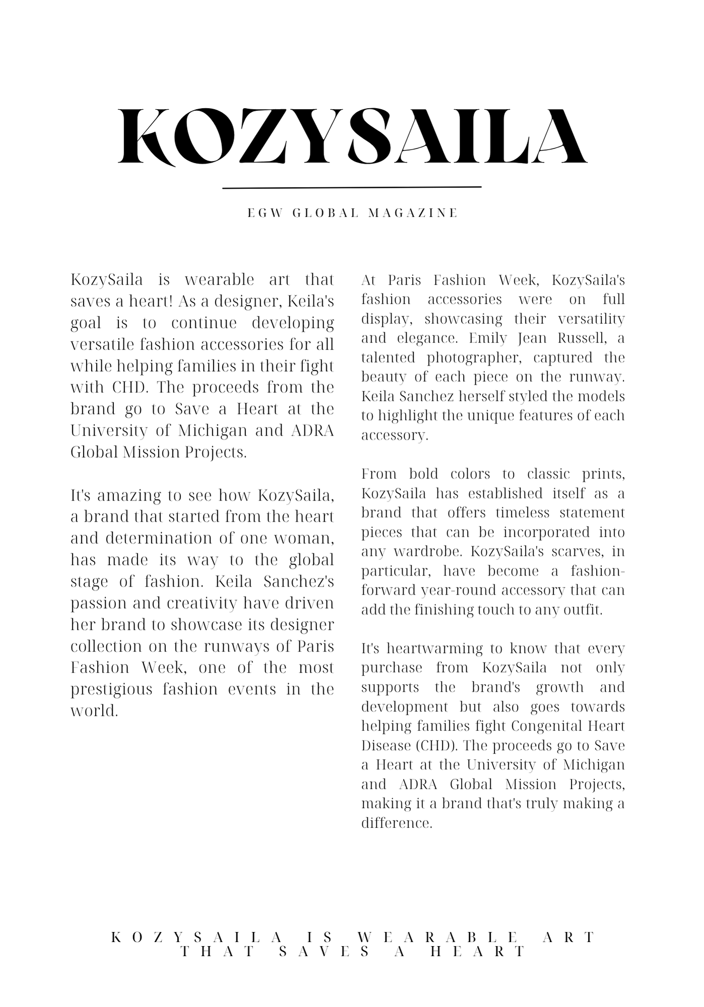 A magazine article titled 'KozySaila' with a subtitle 'EGW Global Magazine'. The article discusses KozySaila's role in developing wearable art that supports charitable causes, highlights fashion week, and features interviews with designers and models