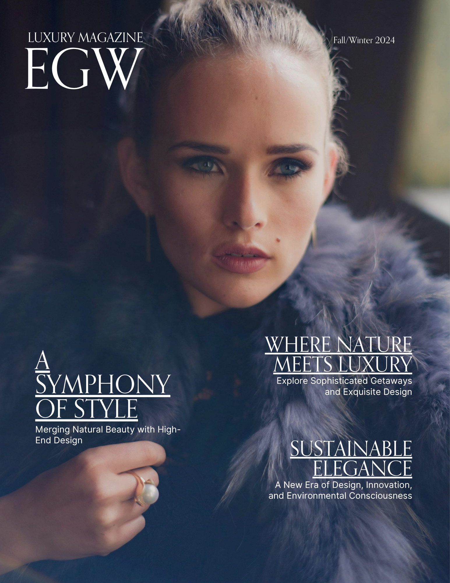 Cover of a luxury magazine featuring a close-up photo of a woman's face with piercing blue eyes, surrounded by a fur coat. The magazine includes headlines about style, nature, luxury, sustainability, and modern design. The edition is Fall/Winter 2024