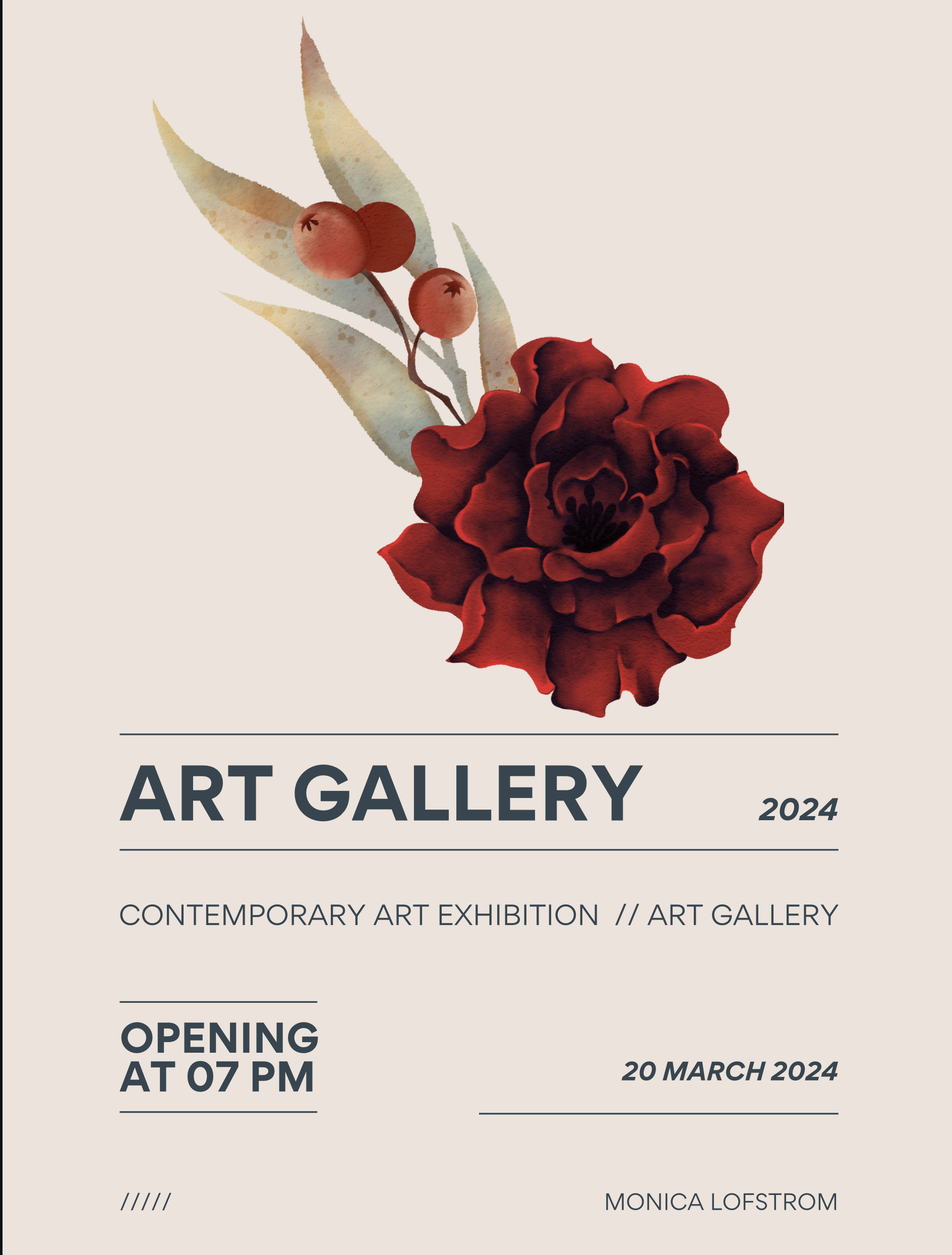 Poster for an art gallery's contemporary art exhibition opening on March 20, 2024, with an illustration of a red carnation flower and red berries, and text in dark gray on a beige background.