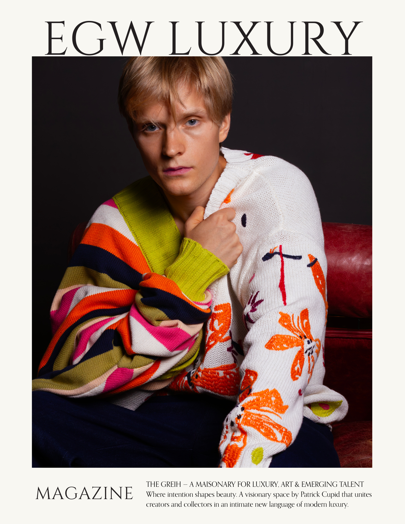Cover of EGW Luxury magazine featuring a young man with blond hair and blue eyes, wearing a colorful, patterned sweater, against a dark background with text about luxury art and emerging talent.