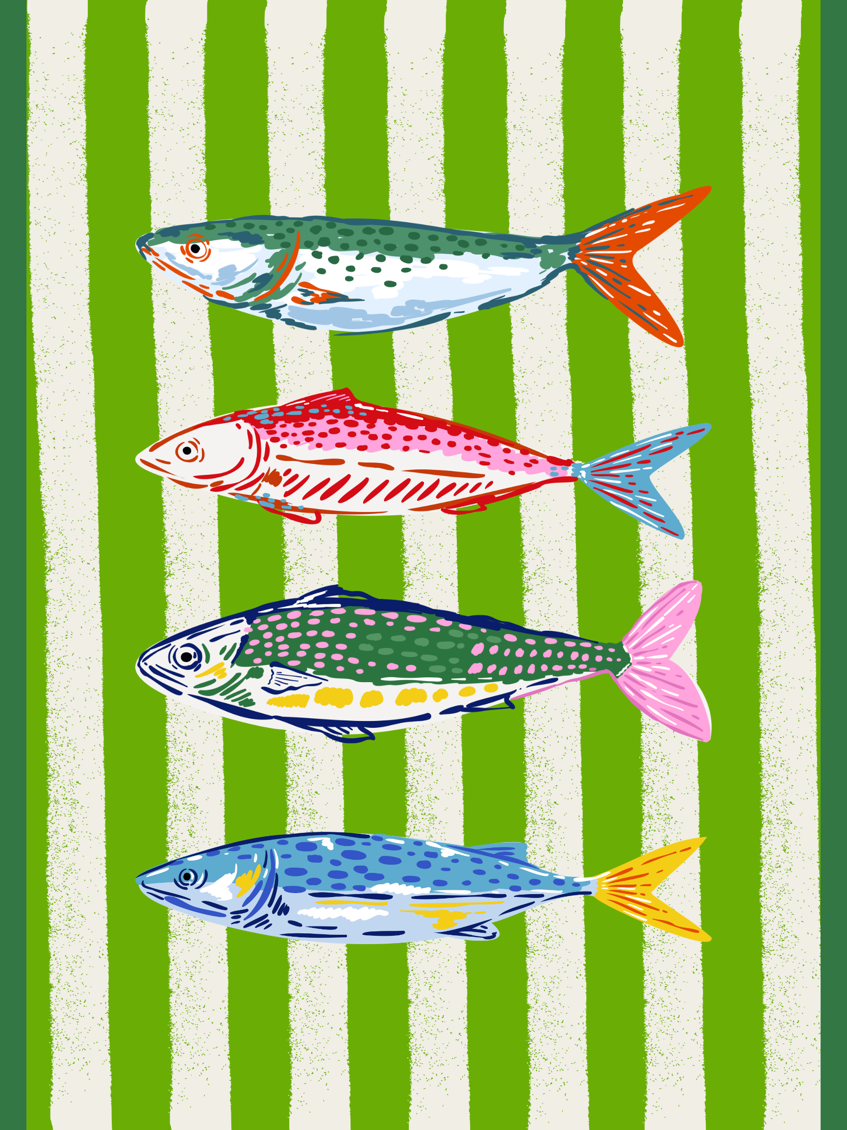 Four illustrated fish of different colors and patterns on a striped green and beige background.