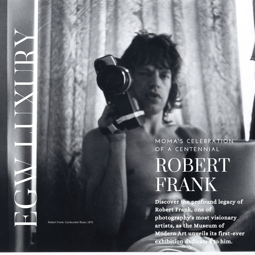 Black and white photo of a woman holding a vintage camera, with text promoting Robert Frank's centennial celebration and exhibition at the Museum of Modern Art.