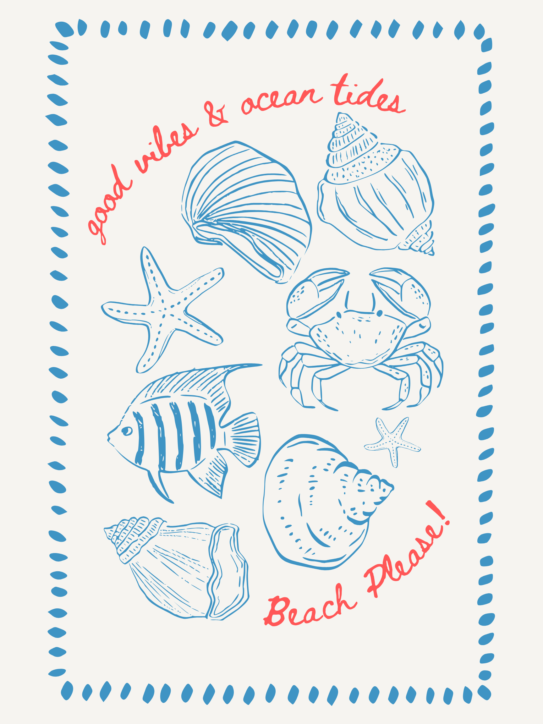 Beach-themed illustration featuring different shells, starfish, a crab, and coral with the text 'good vibes & ocean tides' and 'Beach Daze!'