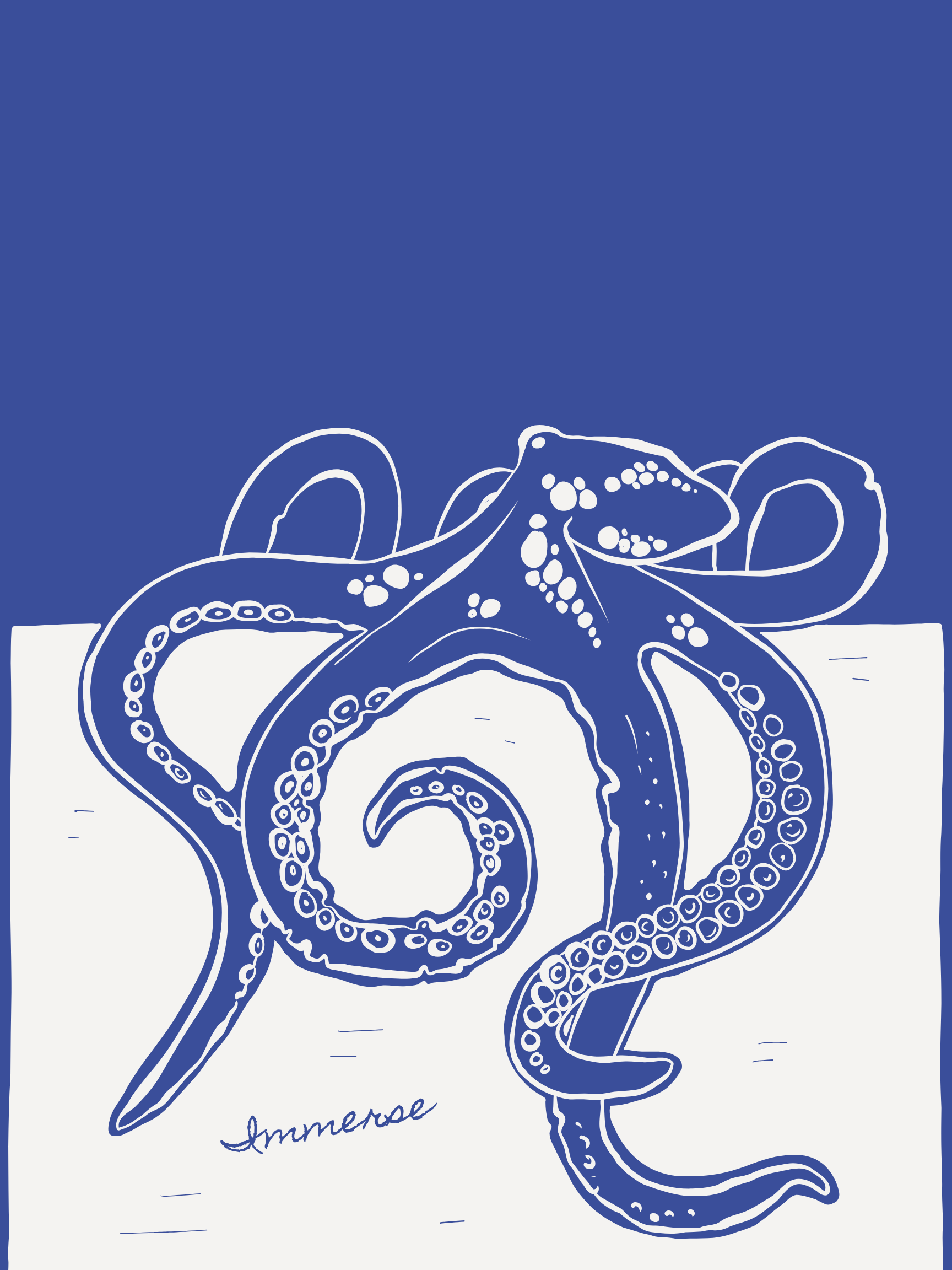 Hand-drawn illustration of an octopus with the word 'amense' written below it, set against a split blue and white background.