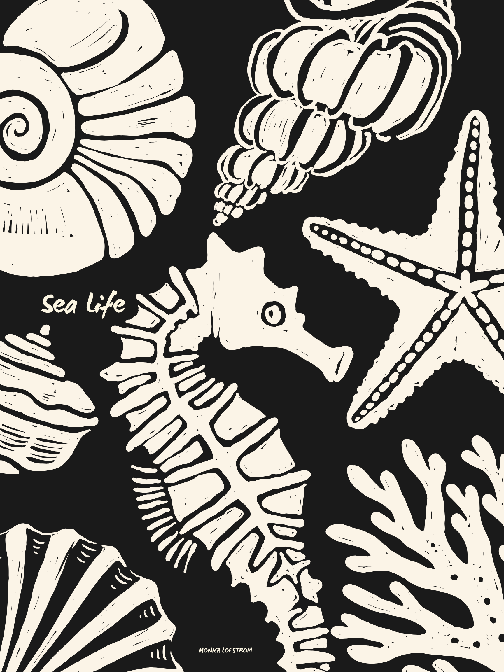 Black and white illustration of various seashells, starfish, and a small crab, with the phrase 'Sea Life' written in the bottom left corner.