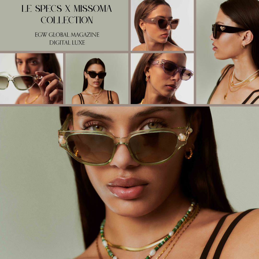 Cover of a fashion magazine featuring women modeling sunglasses from the Le Specs x Missoma Collection, with close-up images highlighting various styles of sunglasses and jewelry accessories.