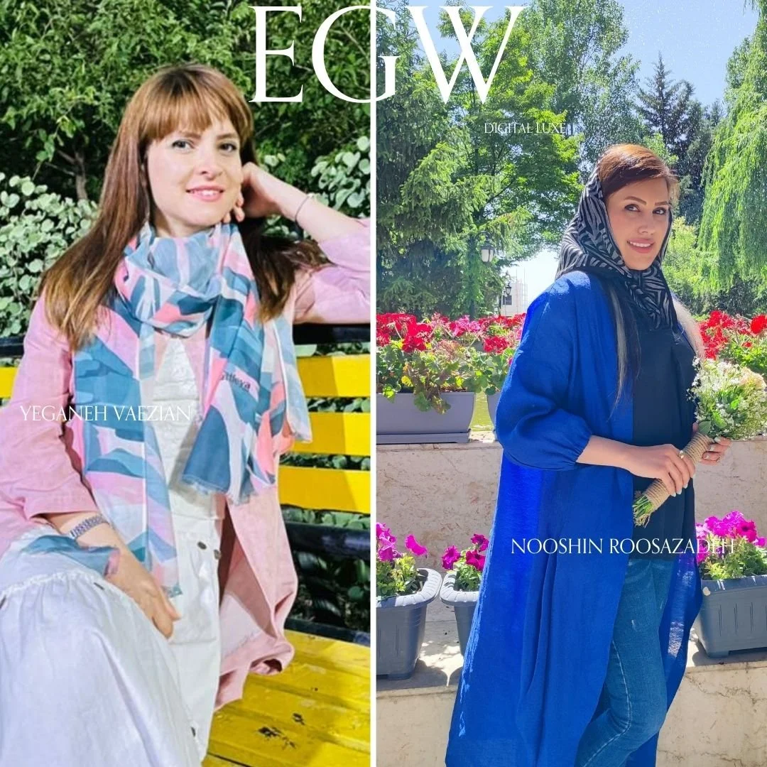 A woman with reddish-brown hair wearing a pink jacket and a colorful scarf poses outdoors on a bench, on the left. On the right, a woman with brown hair wearing a blue coat and headscarf, holding a flower bouquet, stands against a background of plant