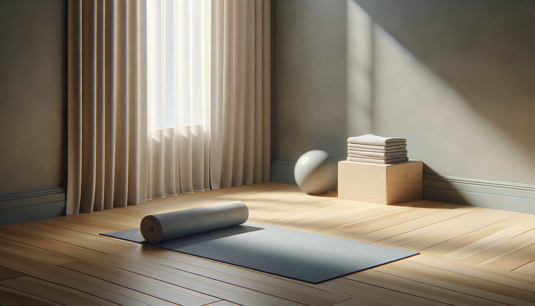 A Pilates mat with a rolled towel on it, placed on a wooden floor next to a window with white curtains, a white spherical object, and a small wooden stand with neatly folded towels on top. Sunlight streams through the curtains, casting shadows.