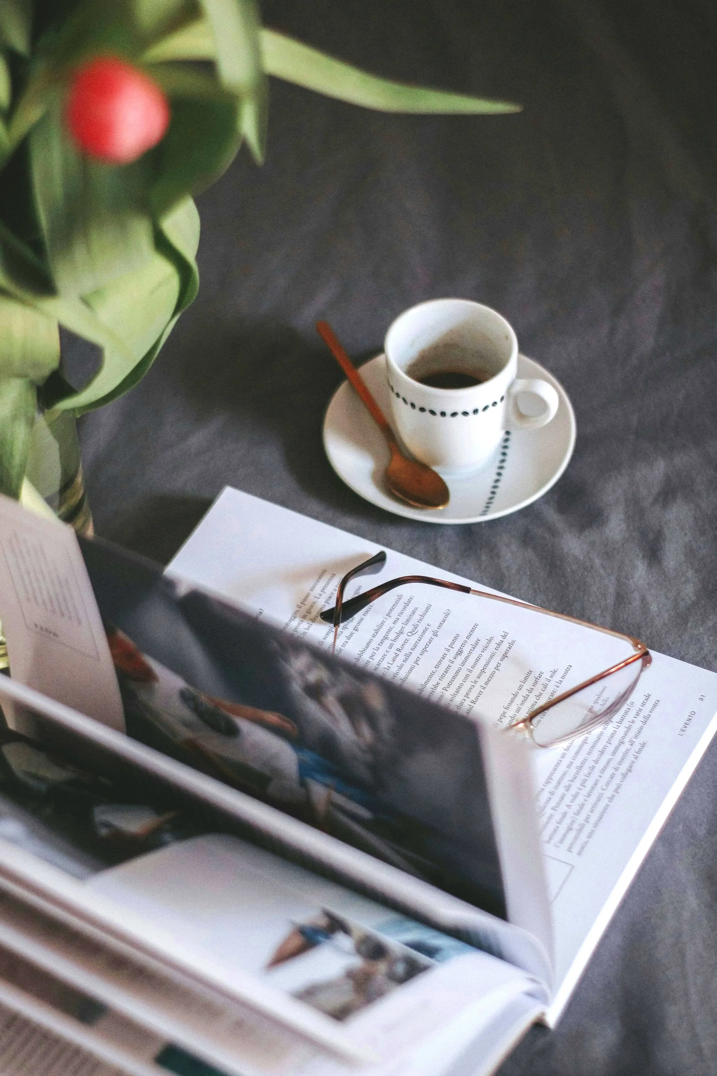 A cup of coffee on a saucer with a small spoon, a pair of glasses, an open magazine with pages turned, and a potted plant with green leaves and a red flower.