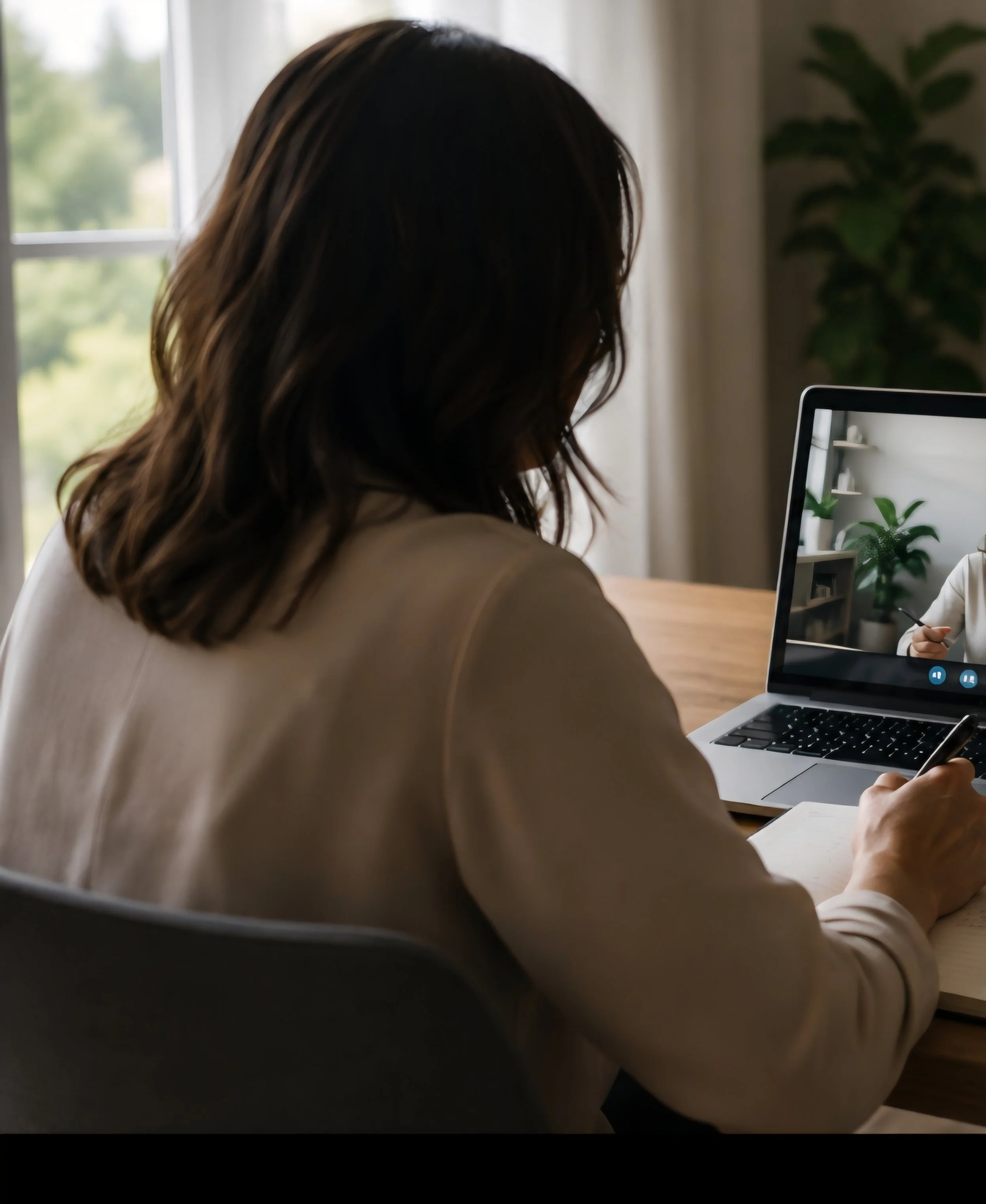A woman with dark brown hair sitting at a wooden table, looking at a laptop computer with a plant on the screen, near a window with natural light, in a cozy indoor setting.