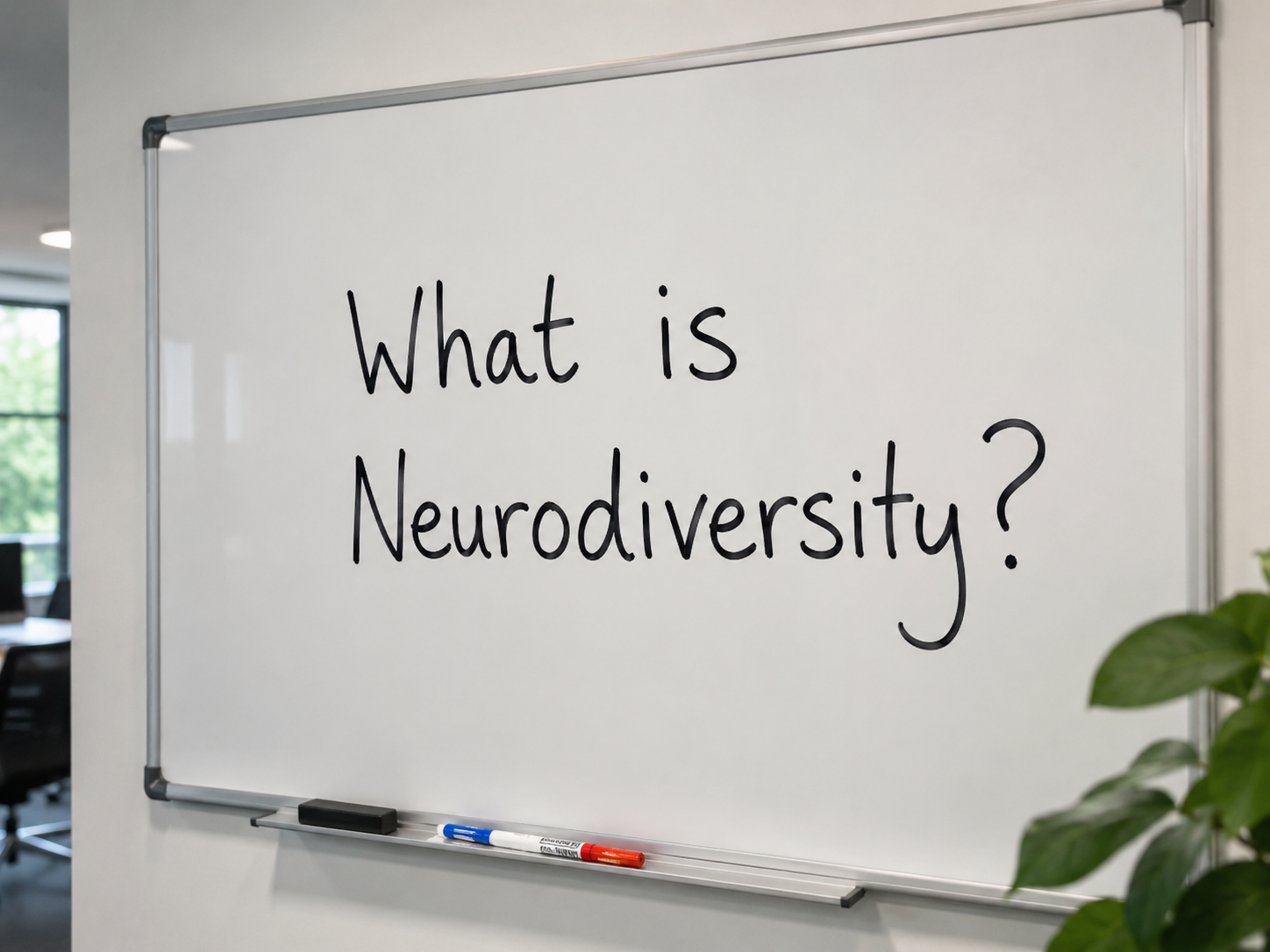 Whiteboard with the question 'What is Neurodiversity?' written on it in black marker, in an office or classroom setting.