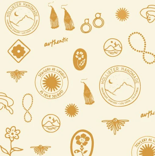Pattern of jewelry logos, sun and mountain motifs, flowers, and jewelry-related phrases like 'authentic' and 'Jewelry as Unique as Your Journey' in shades of gold and beige.