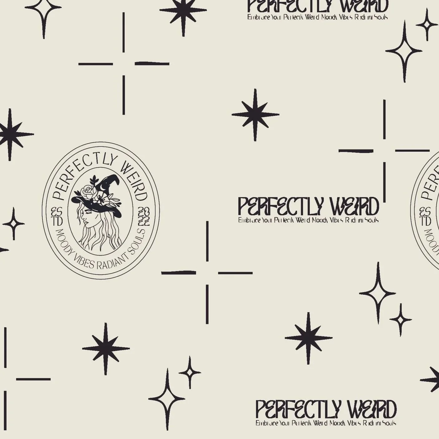 A patterned background with black stars, lines, and diamond shapes on a light beige backdrop, featuring the words 'PERFECTLY WEIRD' and a circular logo with a stylized woman in a witch hat and the phrases 'Embrace Your Perfectly Weird & Moody Vibes Radiant Souls'.