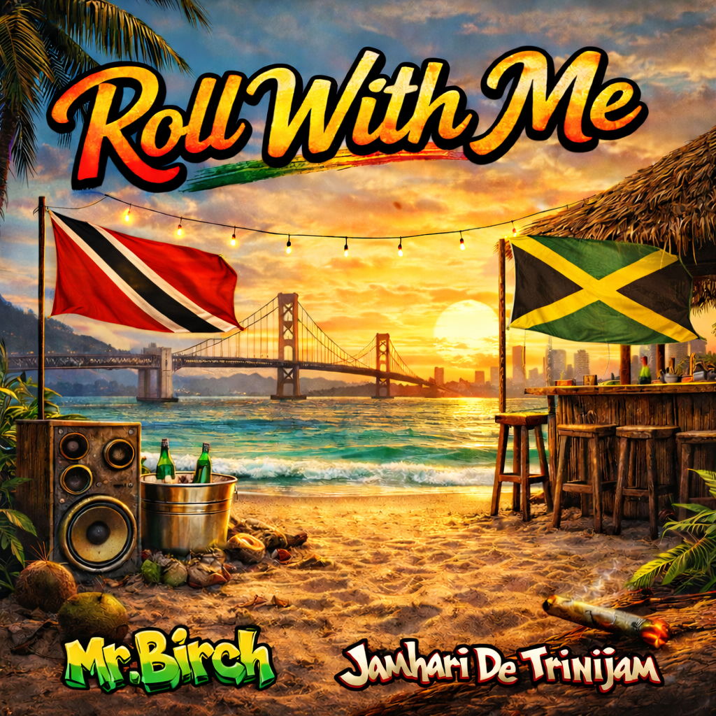A tropical beach scene at sunset with a bridge in the background, and flags of Trinidad and Jamaica hanging. There is a wooden bar, a speaker, and drinks on the sand, with the text 'Roll With Me' at the top, and 'Mr. Birch' and 'Jamhari De Trinjam' at the bottom.