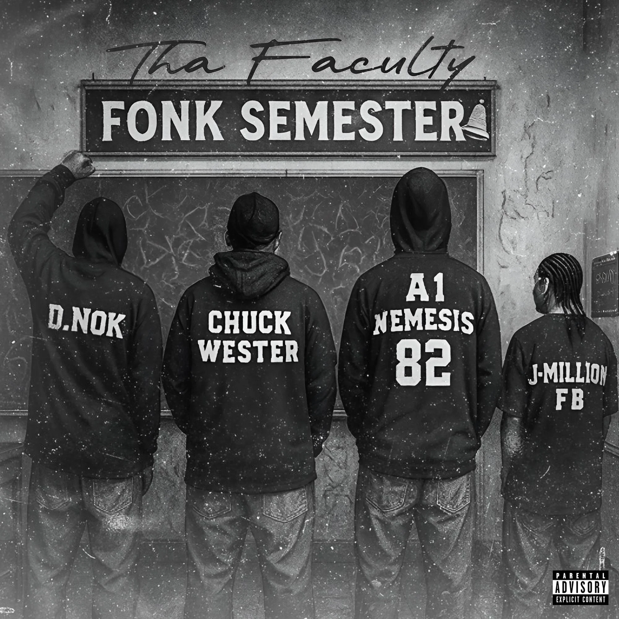 A black and white photo of a group of students standing in front of a sign that reads 'The Faculty Fonk Semester.' The students are wearing dark clothing with some having hoodies, and their backs are facing the camera. The photo has a gritty, grainy texture.