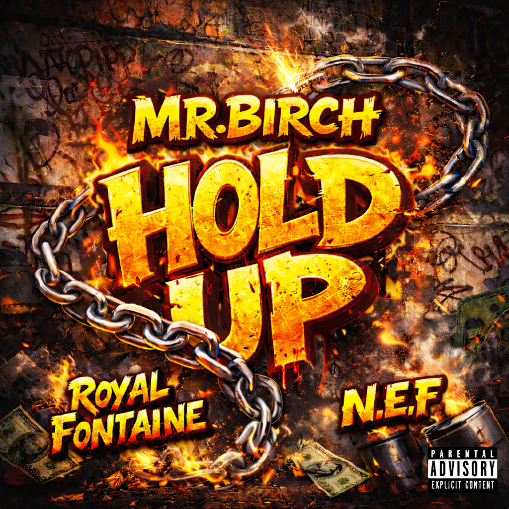 Graphic album cover for Mr. Birch Hold Up featuring fiery text and chains, with dollar bills and a parental advisory warning.