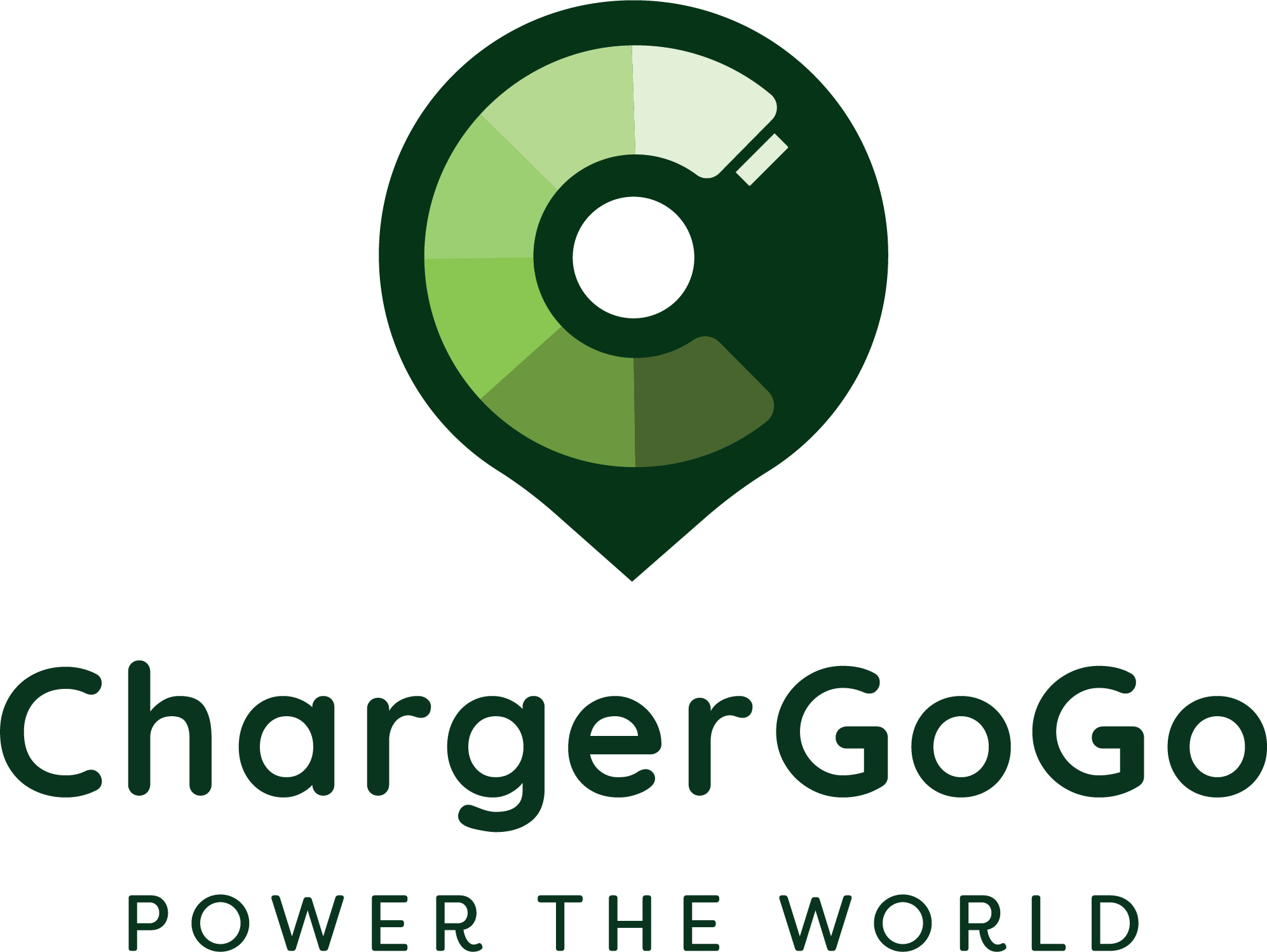 Logo of ChargerGoGo, featuring a dark green circular icon with a stylized electric plug in the center and the company name below in dark green text, with the slogan 'Power the World' underneath.