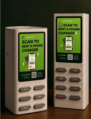 Two gray phone rental kiosks with screens displaying a green advertisement for renting phones, placed on a wooden surface against a dark background.