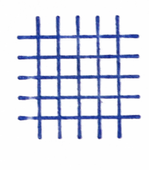 A hand-drawn grid with six horizontal and six vertical blue lines on white paper.