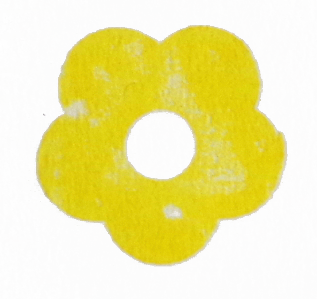 Yellow flower-shaped stamp with a circular center on a white background.