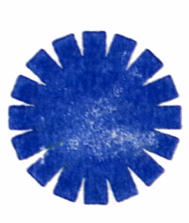 Blue circular stamp with a gear-like edge.