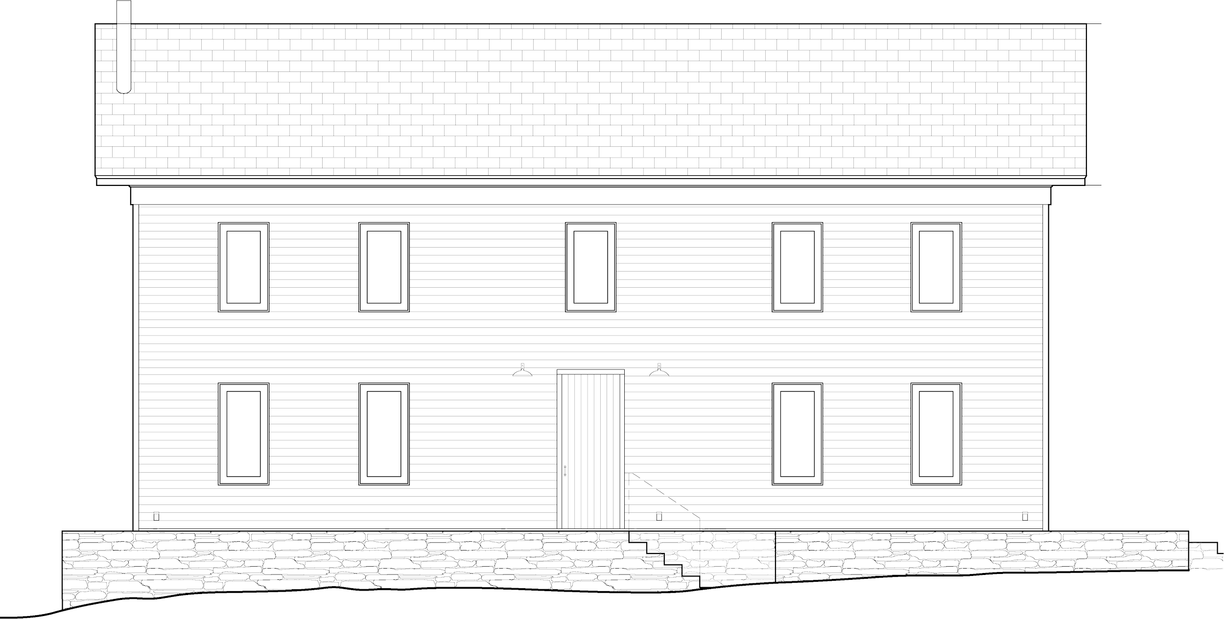 Front elevation architectural drawing of a two-story house with horizontal siding, multiple windows, a central front door, and a brick foundation.