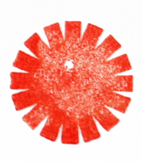 Red circular stamp with radiating rectangular segments on a white background.