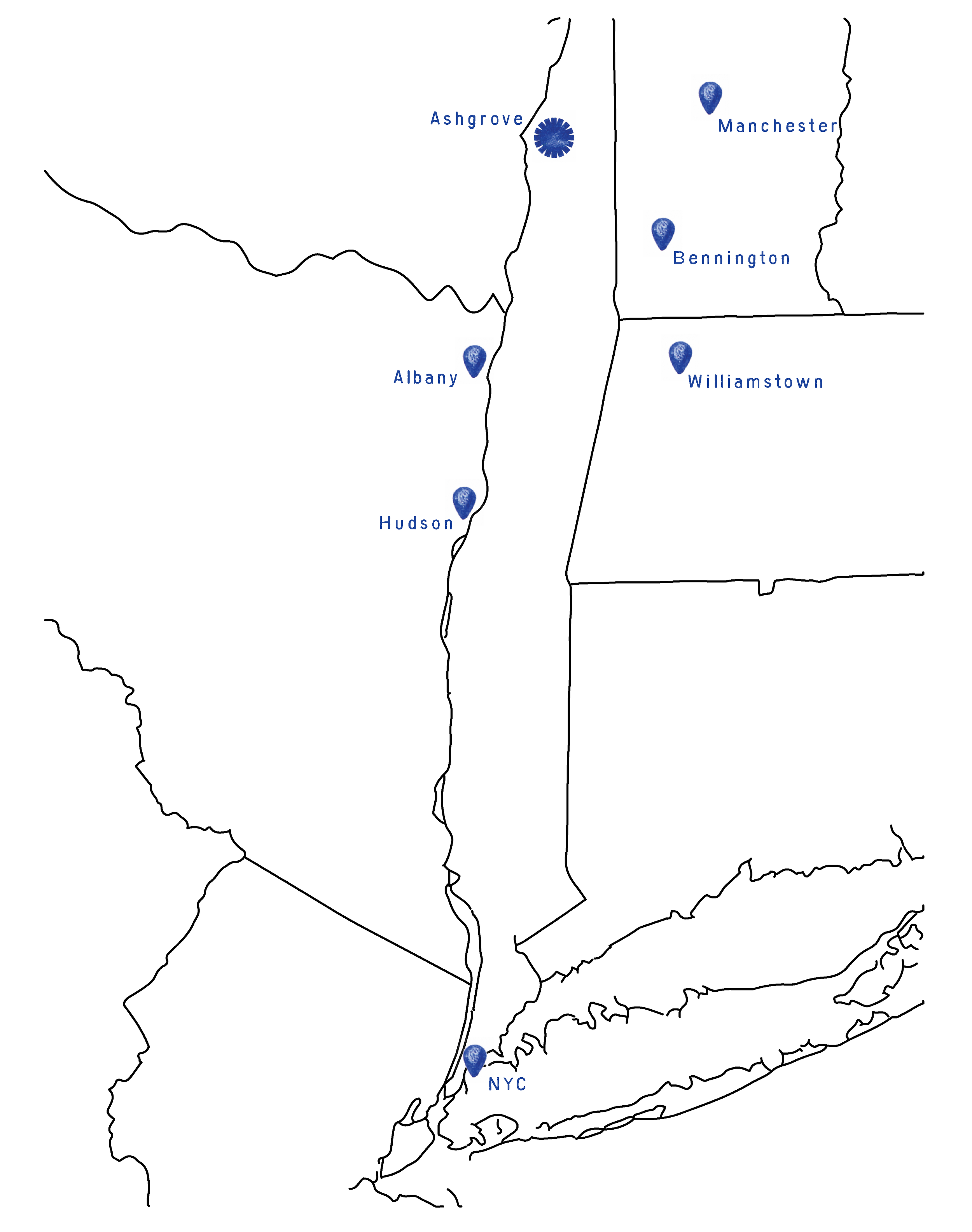 Outline map of New York City and surrounding areas with markers indicating various neighborhoods including Albany, Hudson, Manhattan, Bennington, Williamstown, and NYC.