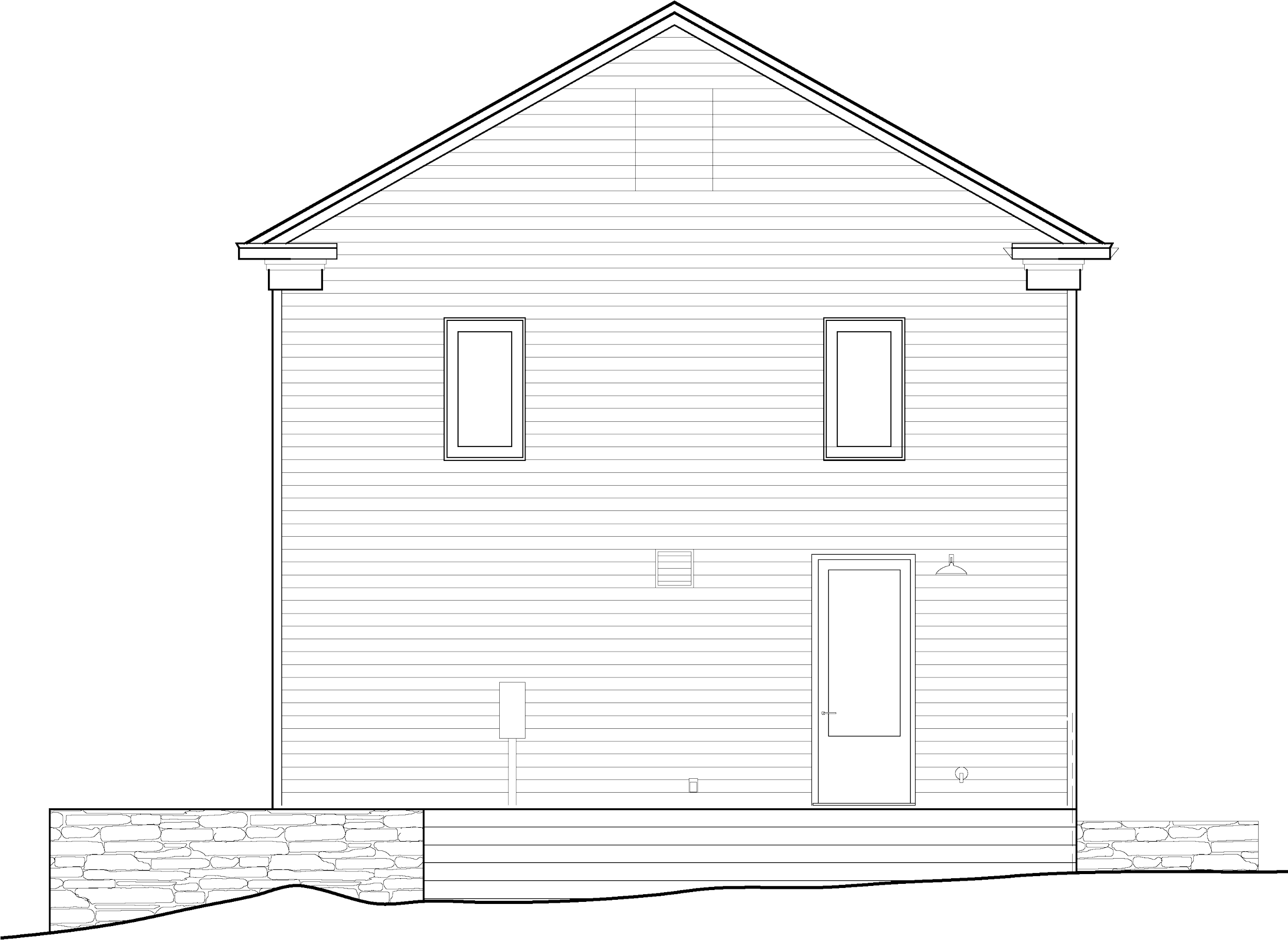 Line drawing of a two-story house with a gable roof, two windows on the second floor, a door on the first floor, and a small exterior light beside the door.