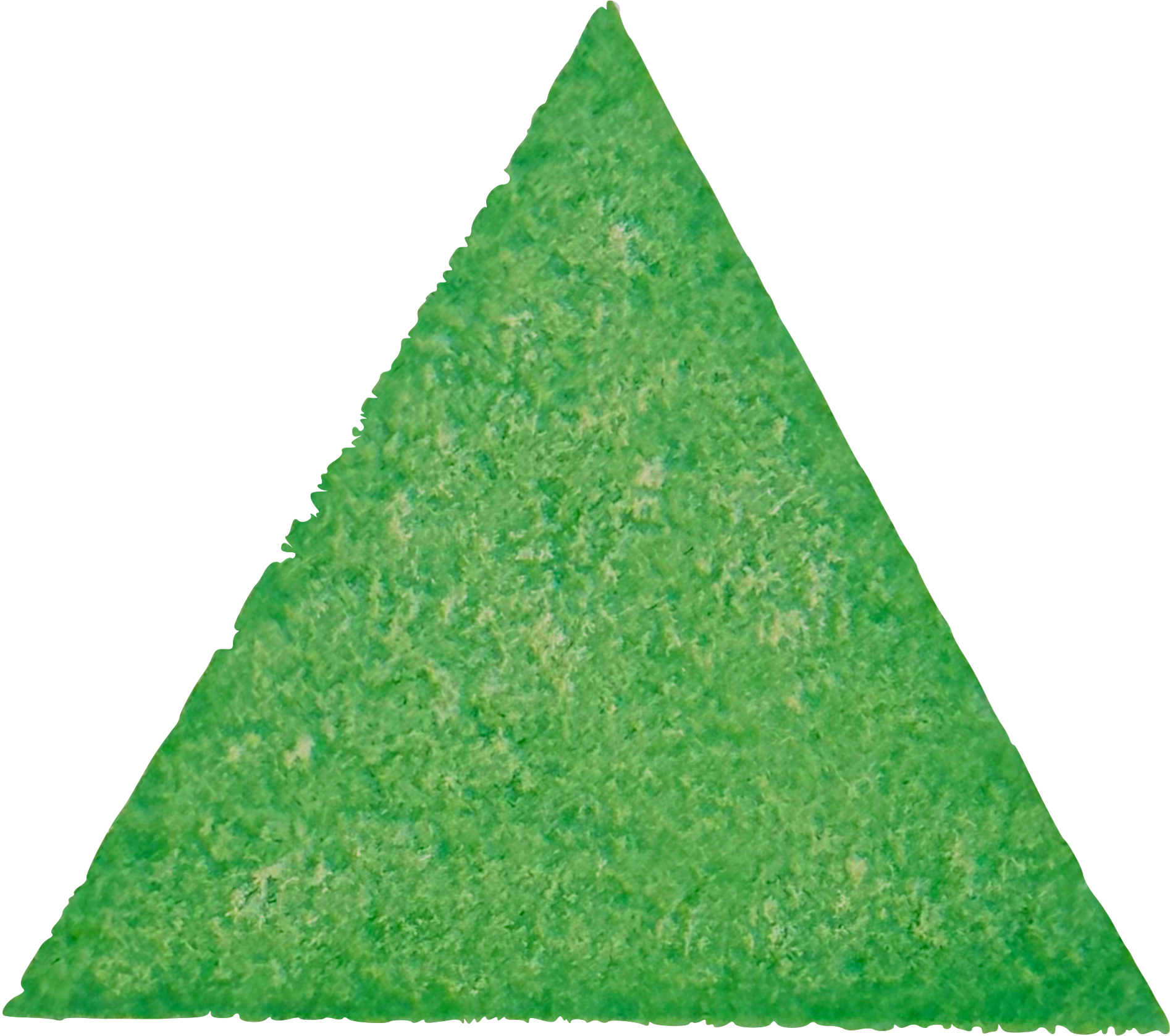 A green triangle with a textured surface against a background with gray, black, and purple sections.