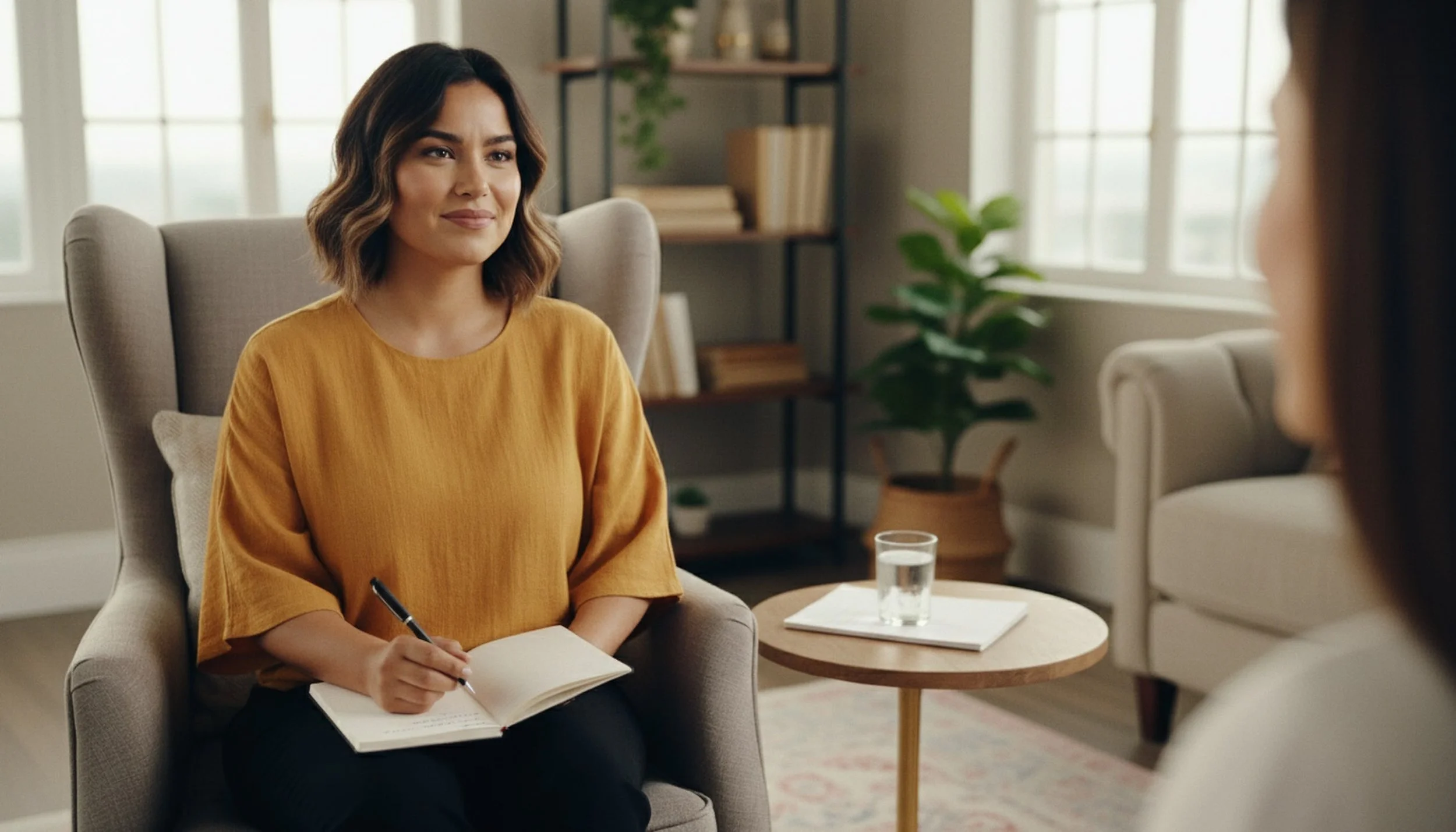 A woman in a mustard yellow top sitting in a chair during a therapy session, holding a pen and notebook, with a glass of water and a notebook on a small round table beside her in a cozy, well-lit room.