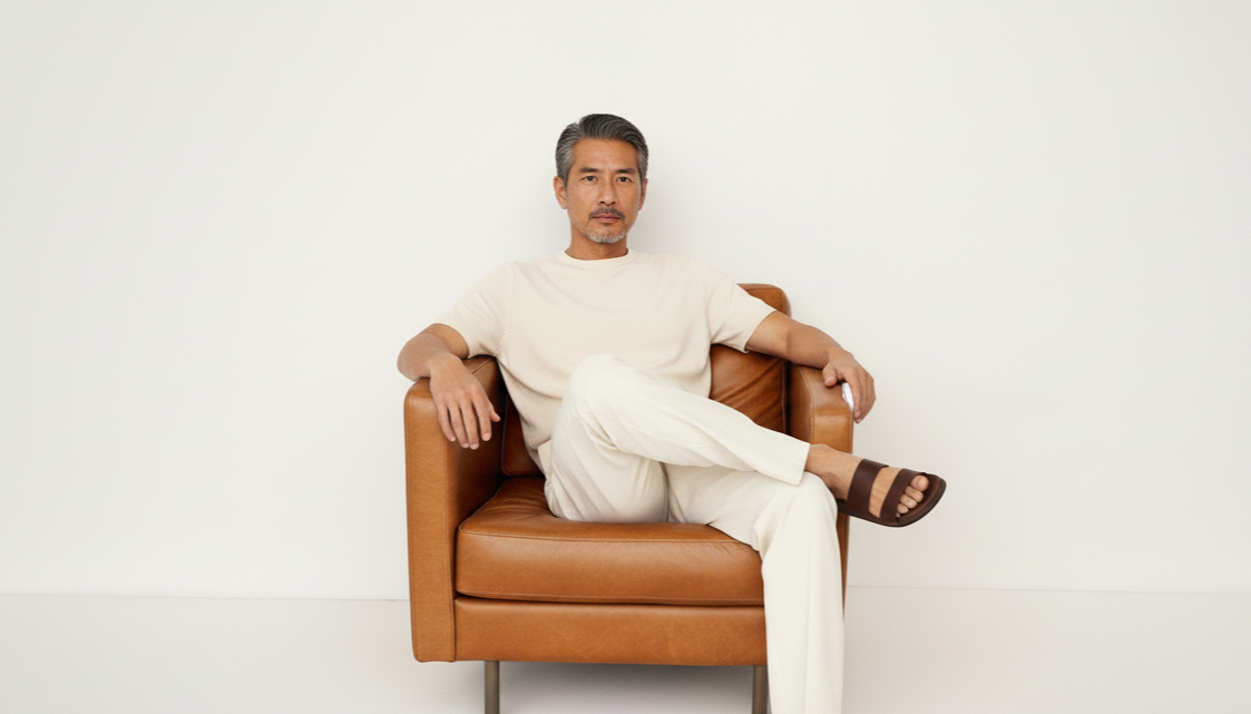 An older man with gray hair and a beard sitting on a brown leather armchair against a plain white background, wearing a cream-colored outfit and brown sandals.