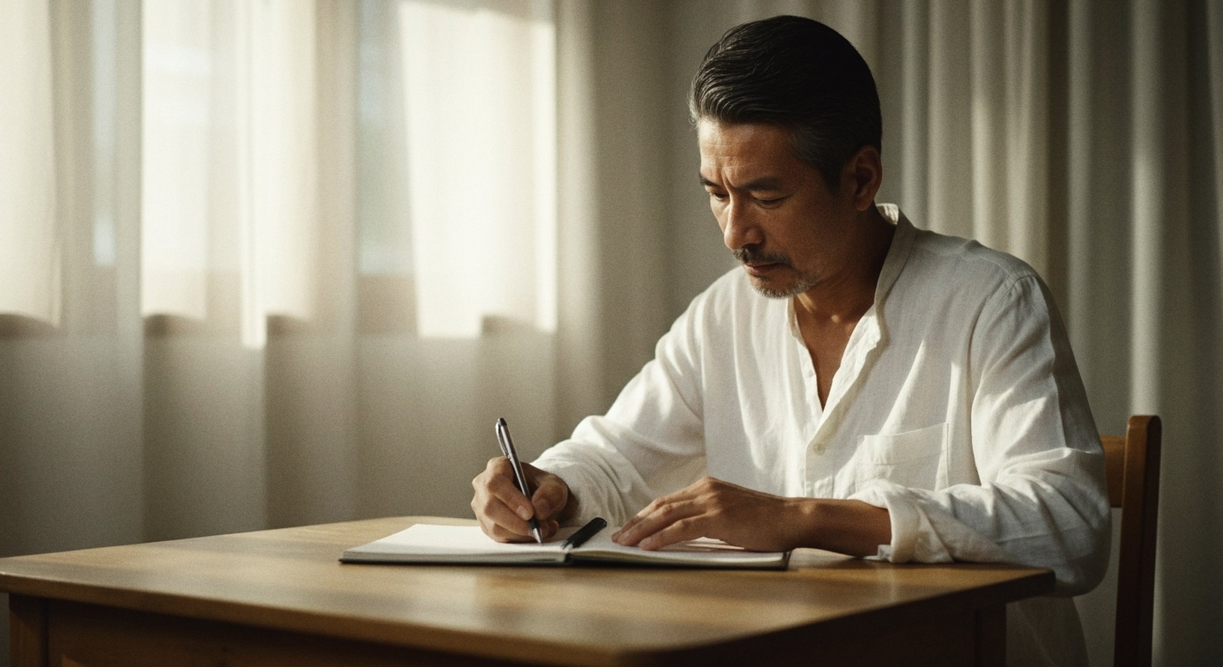 An older man with gray hair and a beard, dressed in a white shirt, sits at a wooden table writing in a notebook with natural light coming through window curtains in the background.