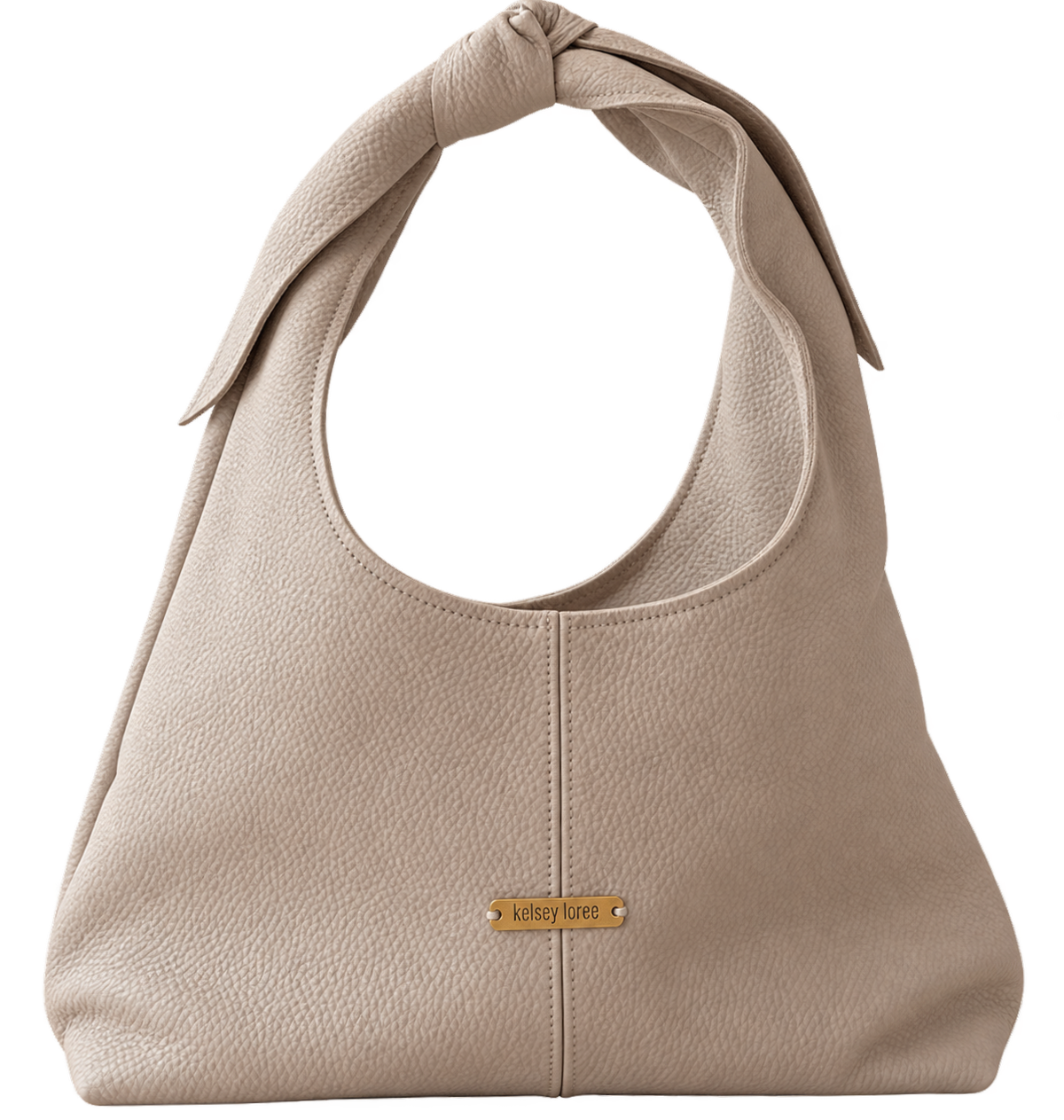 Beige textured leather shoulder handbag with a gold metal brand tag that says 'kelsey loree'