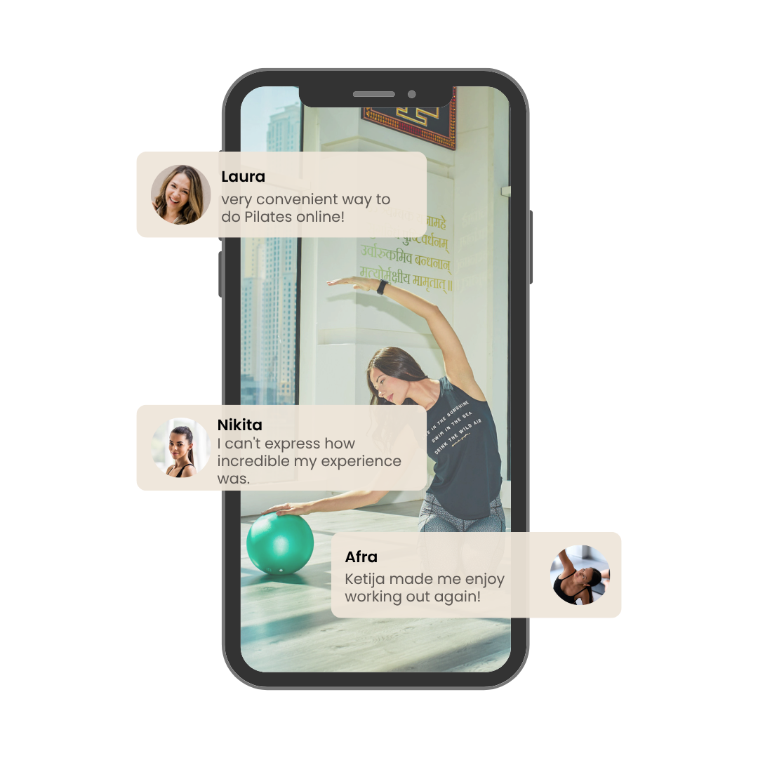Phone screen showing a woman doing pilates with chat messages from users praising their experience.