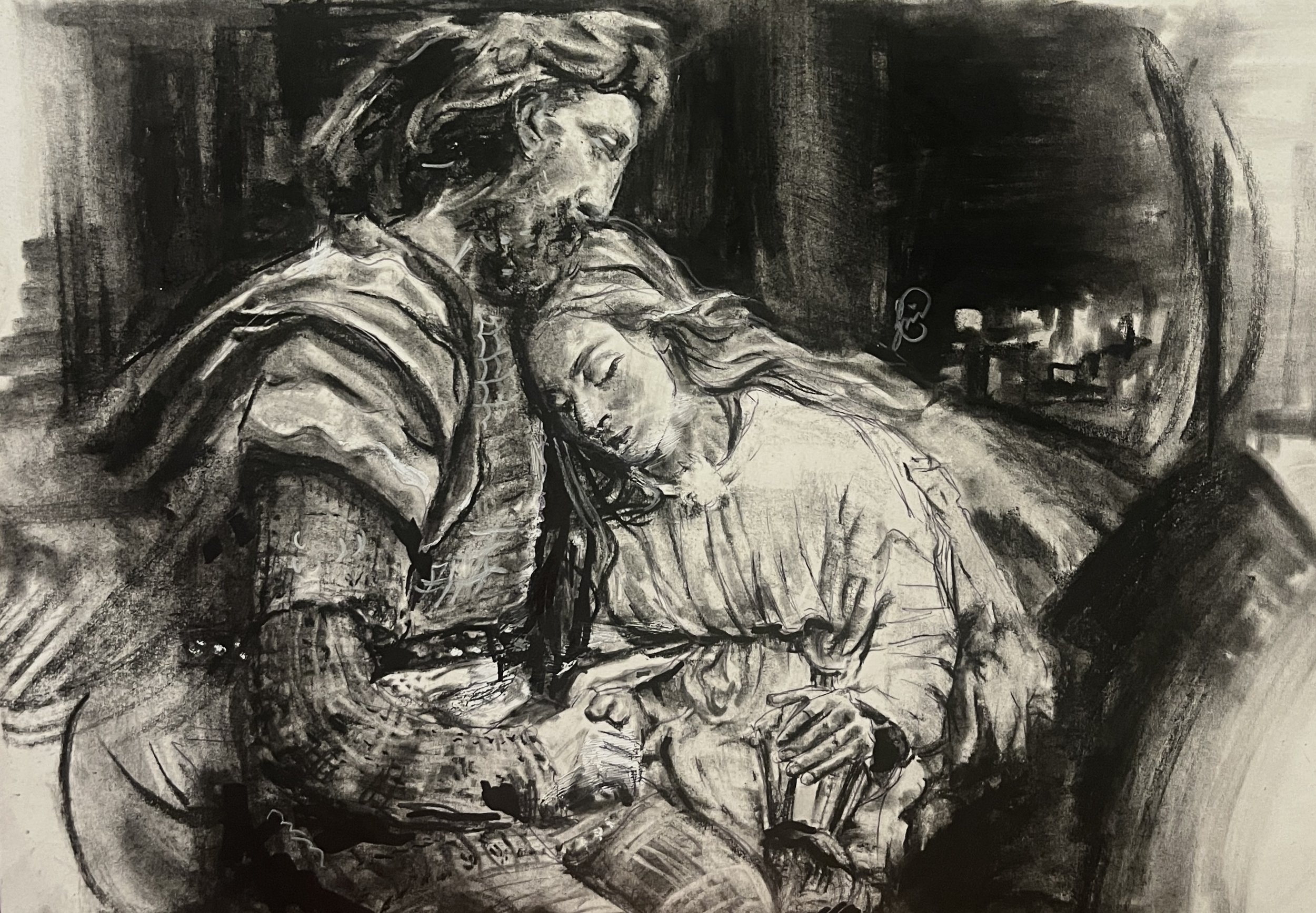 Charcoal rendition of The Parting of Lancelot & Guinevere 