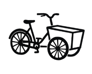 Schiță a unei biciclete cu coș în față.