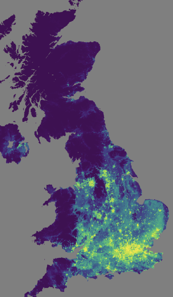 Map of the United Kingdom showing estimated mistletoe habitat suitability, with higher suitability areas in yellow and green, and lower suitability areas in blue and purple.