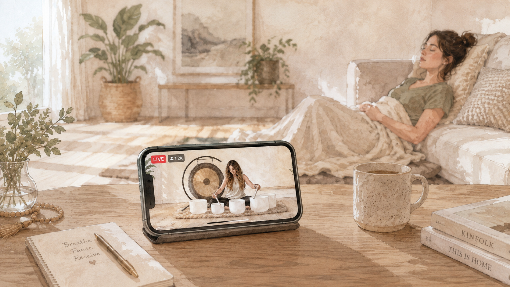 Woman relaxing at home while watching a virtual sound bath with crystal singing bowls on her phone.